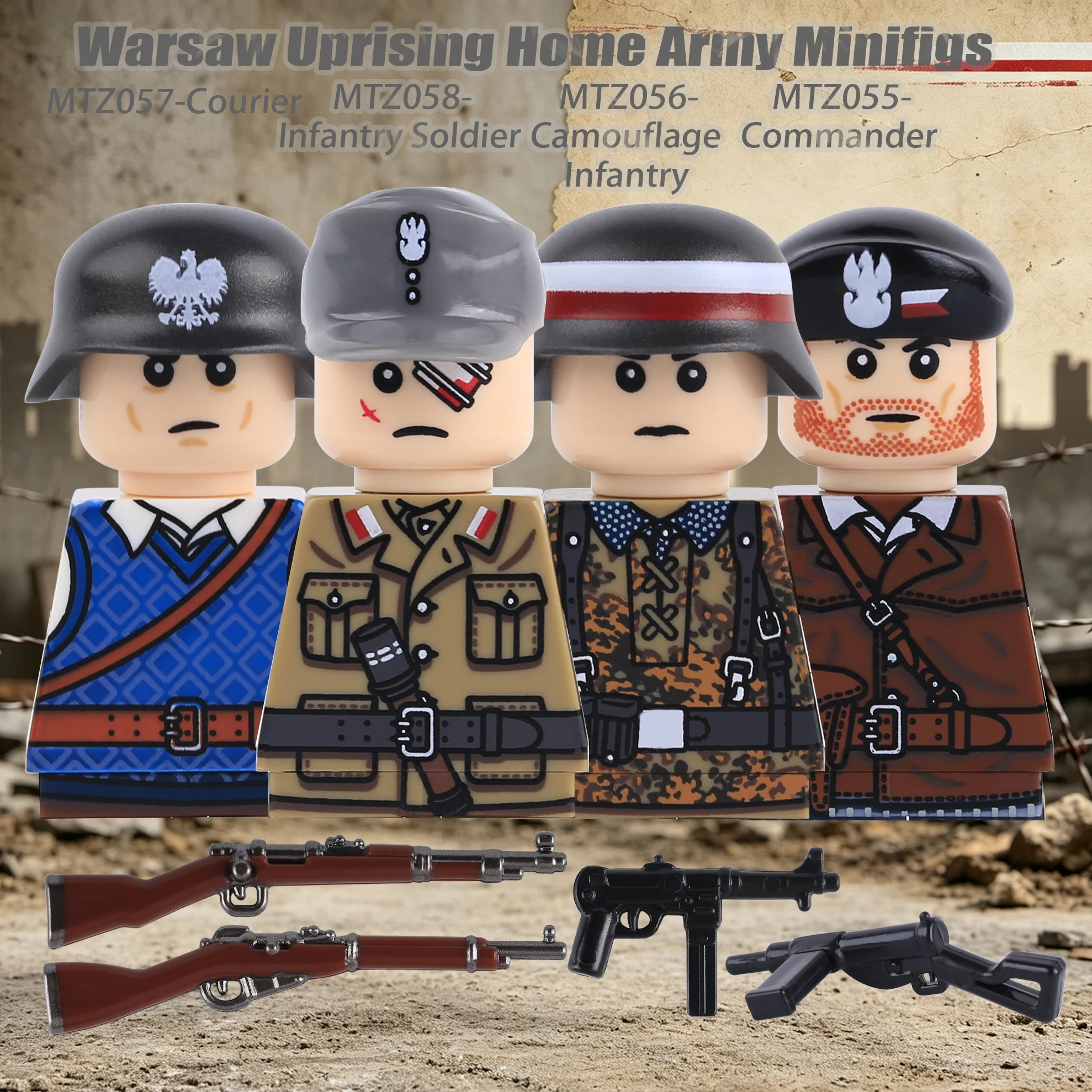 WW2 Military Polish Soldiers Figures Building Blocks Army Poland Defense Camouflage Infantry Courier Commander Gun Bricks Toys