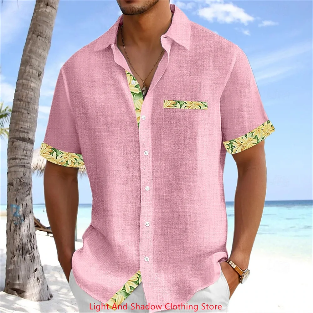 New Men's Printed Patchwork Pocket Shirt Hawaii Casual Vacation Men's Linen Short-Sleeved Men's Comfortable Top Plus Size XS-5XL