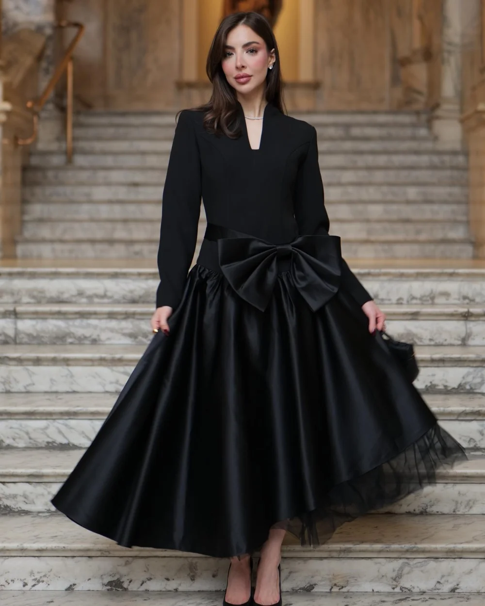 

Customized Modern Style Women Jersey Bow Ruched A-Line Evening Dresses Matching High Collar Long Sleeves Ankle Length Dresses
