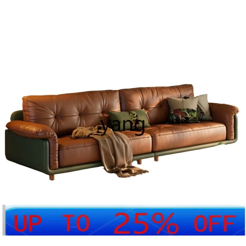 

LTT French retro leather sofa straight row living room three people first layer cowhide sofa