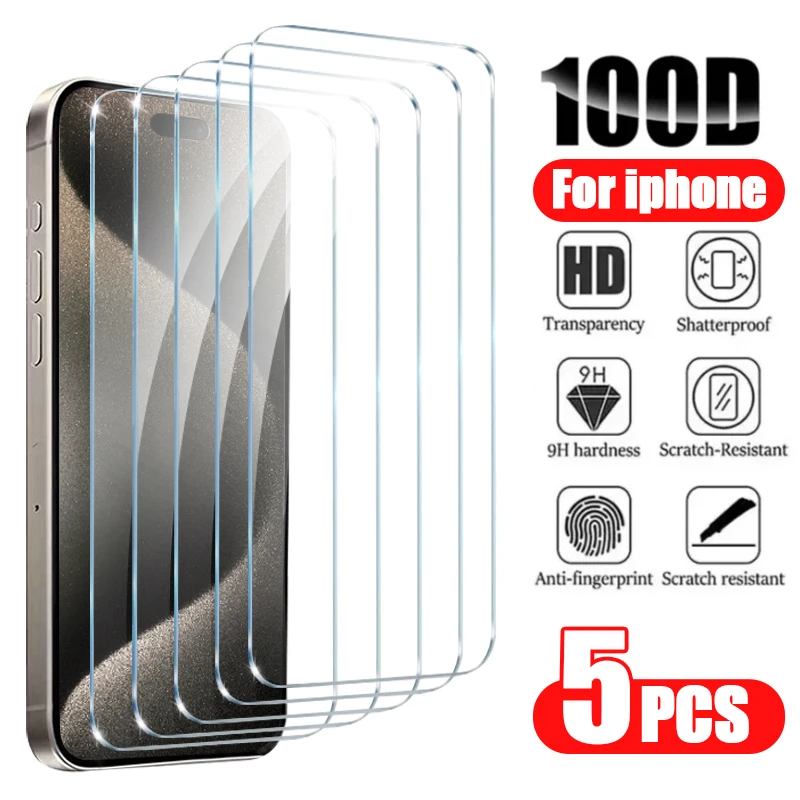 5PCS Tempered Glass For iPhone 15 Pro Max Screen Protector For iphone 14 13 12 11 6 6S 7 8 Plus X XR XS Max Protective Glass