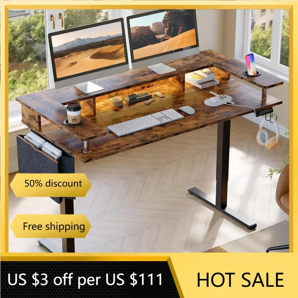 LED Electric Standing Desk Adjustable Height, 58x26 Inch Large Sit Stand Desk with Monitor Stand