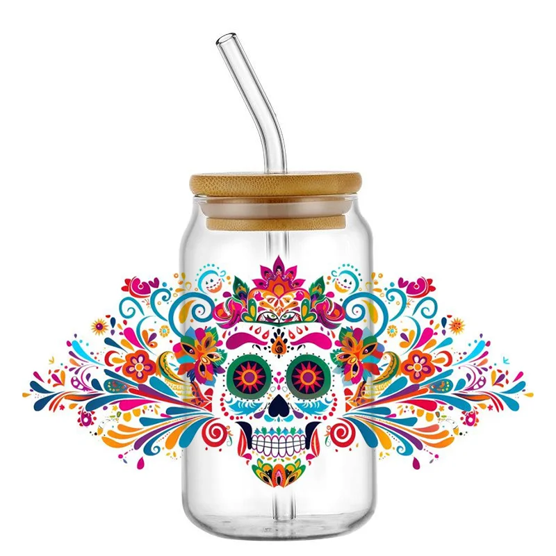 cartoon Pastel Sugar Skull UV DTF Wraps, Day of the Dead Floral & Star Stickers for 16oz Glass Cans, Waterproof DIY Decals