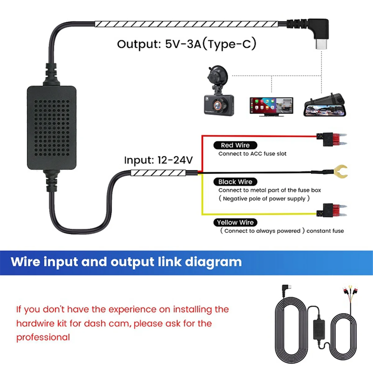 Fio universal para câmera de painel de carro, 3.5m, 12/24v a 5v 3a, kit de cabo rígido dvr para veículo, gravador de câmera de vídeo tipo-c linha xy
