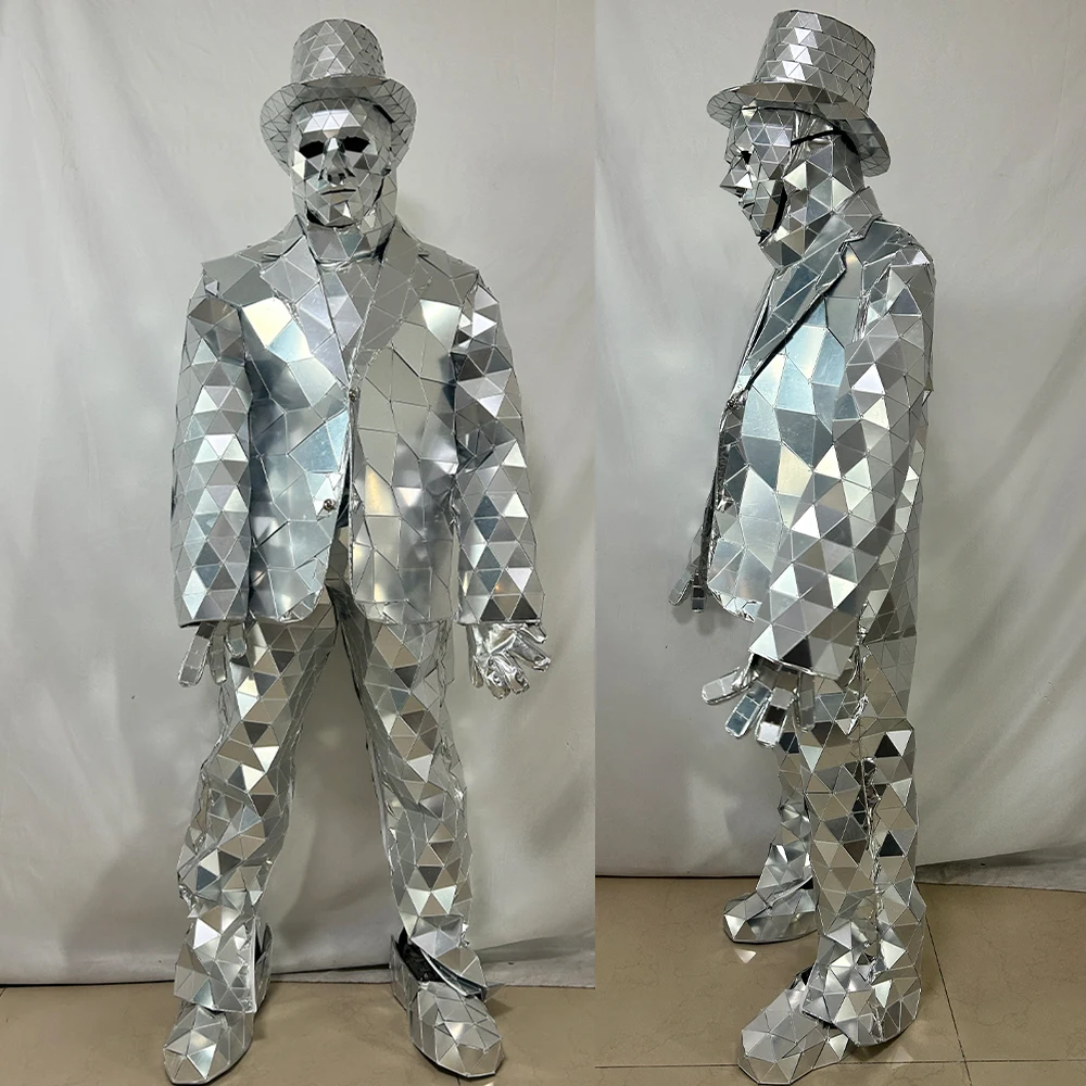 

Silver Irregular Mirror Sequin Suit Costume with Hat Mask Gloves Handmade Stage Wear Christmas Halloween Nightclub Party Outfit