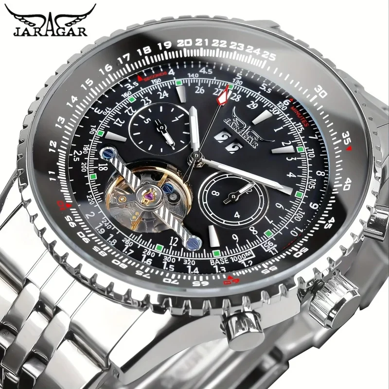 JARAGAR 034 Top Luxury Retro Blue Automatic Mechanical Watch Tourbillon Hollow Skeleton Stainless Steel Date Month Watch for Men