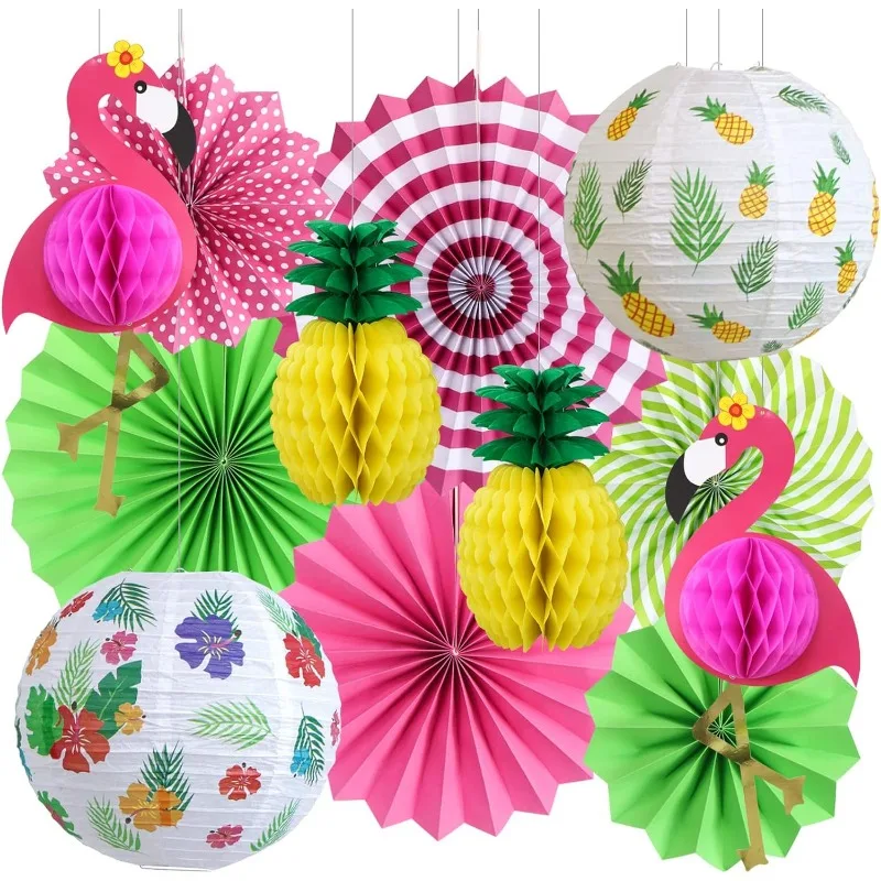 

Tropical Flamingo Party Decorations Hawaiian Pineapple Honeycomb Green Fan Leaves Doughnut Paper Lanters Mexican Party Supplies