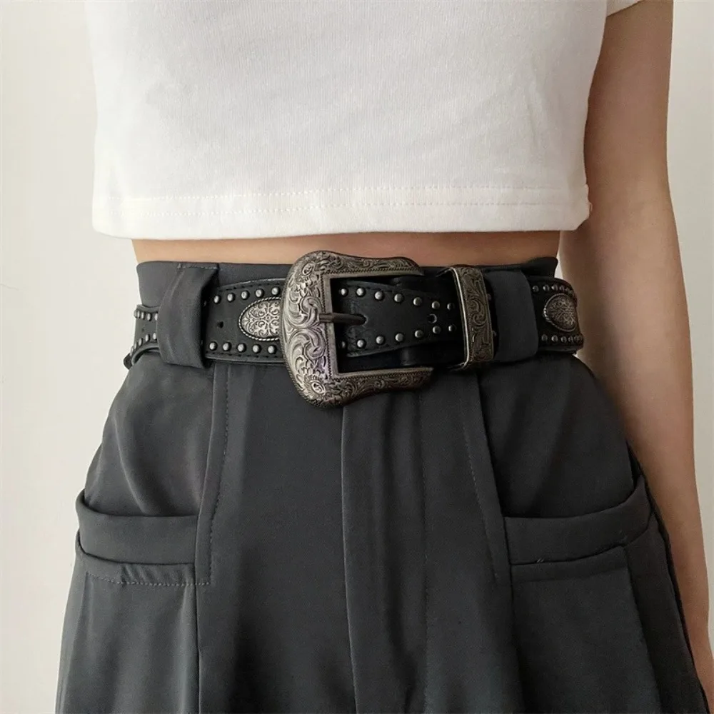 

Ремень с пряжкой и черными заклепками в американском стиле, широкий, из искусственной кожи, винтажный, регулируемый, для хип-хопа, кофейного цвета, Y2K, для вечеринок