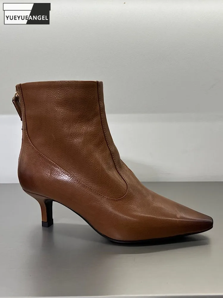 

Comfortable Fashion Women Genuine Leather Pointed Toe Zipper Ankle Boots Cowhide Female Solid Color Thin Heels Handmade Footwear