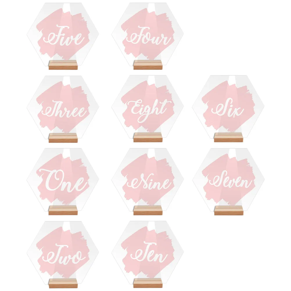 

10pcs Hexagonal Acrylic Table Numbers With Wooden Stand Wedding Party Event Seat Number Cards Restaurant Banquet Sign Holders