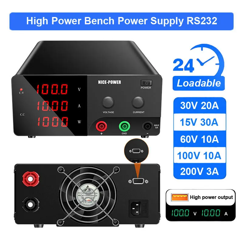 High Power Bench Power Supply 100V 10A Built In Overload Neat Power Station For Car Battery Constant Voltage Easy to Use RS232