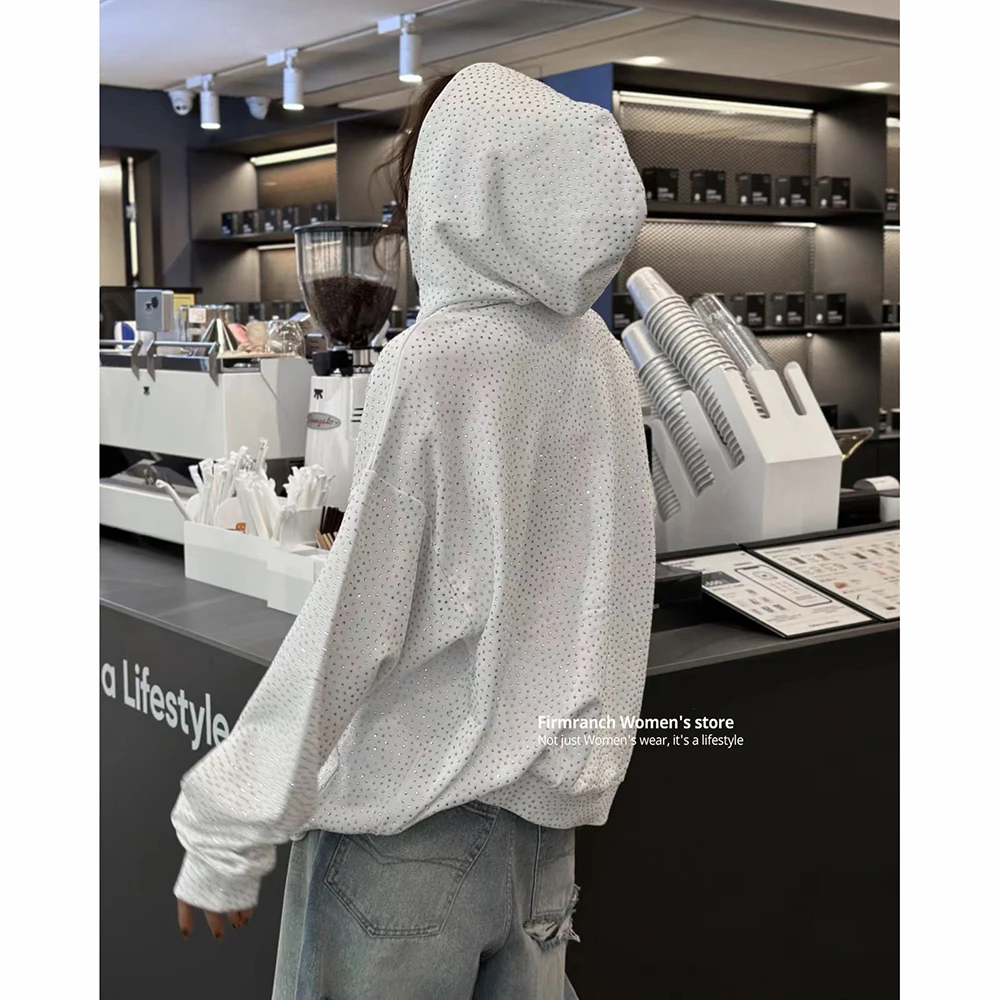 Firmranch Rhinestone Diamond Oversized Hoodies For Women Men Heavy High Quality Cotton Black White Shining Hooded Sweatshirt