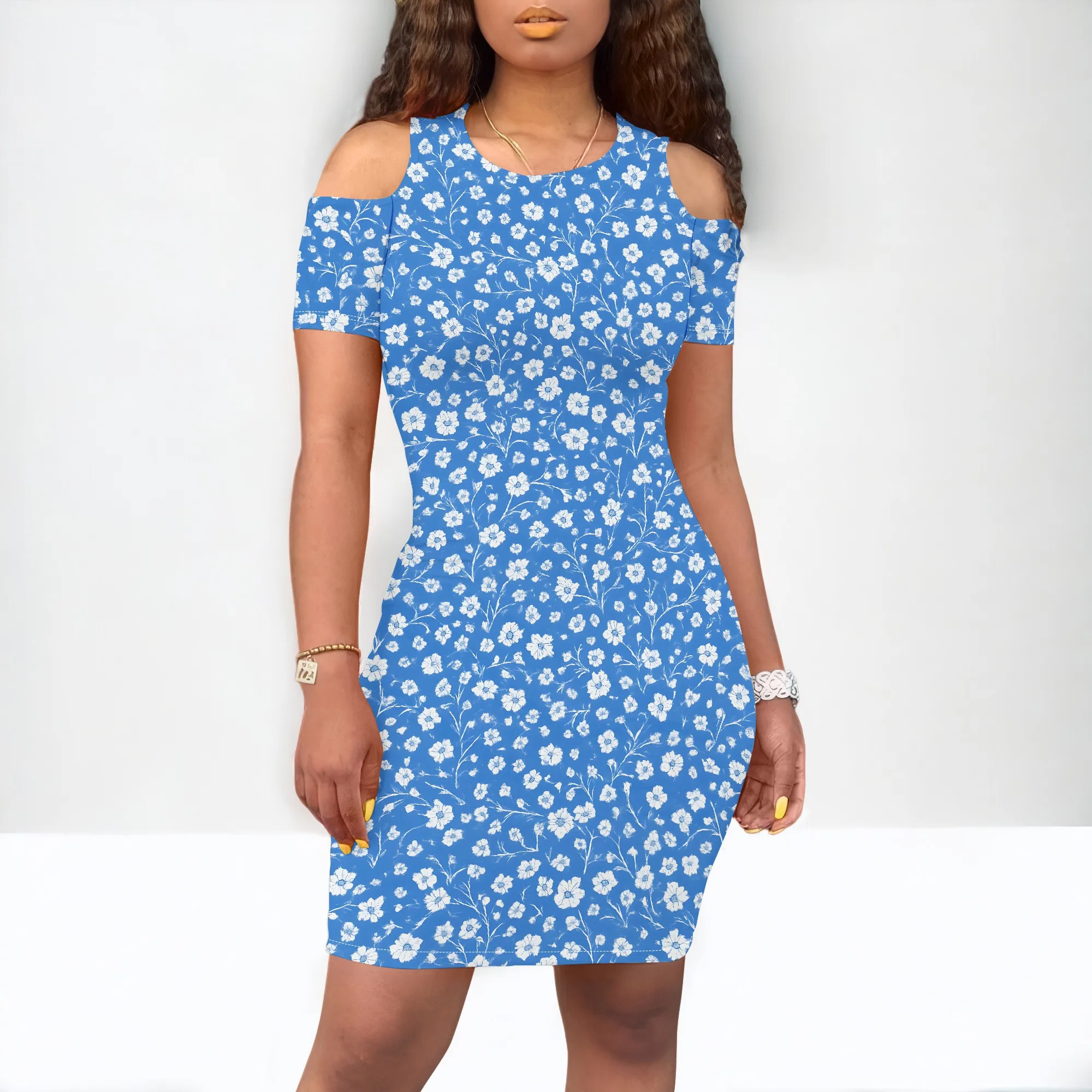 ผู้หญิงชุดไหล่เย็นลายดอกไม้พิมพ์แขนสั้น Sundress พร้อมกระเป๋า