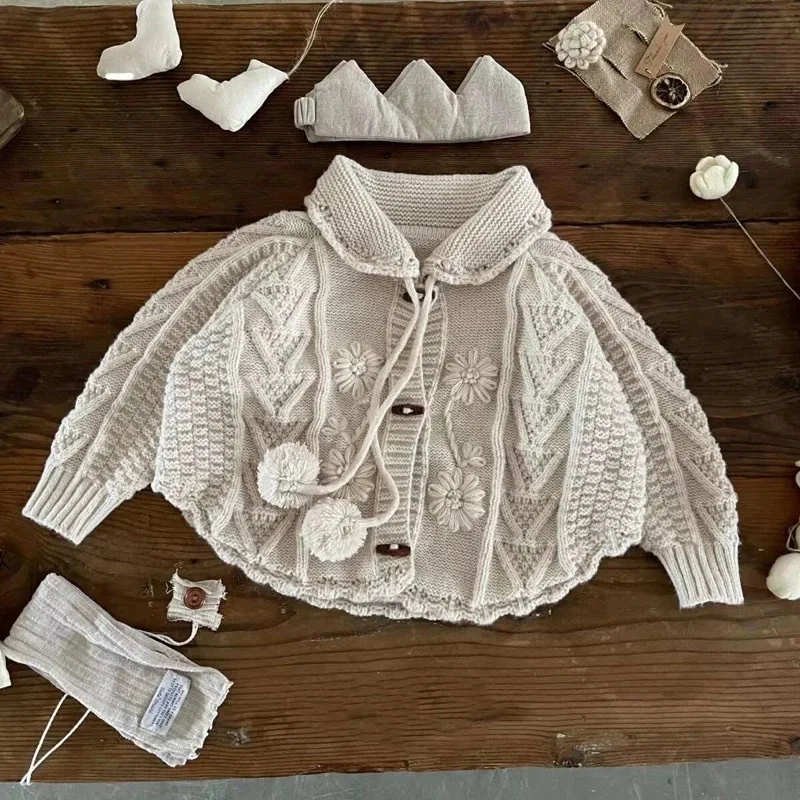 Girls' Sweater2024Autumn New Fashionable Retro Lapel Handmade Crochet Knitted Cardigan Baby Girl Coat Tide