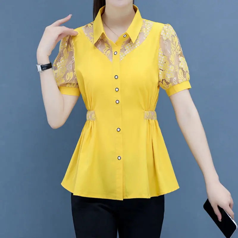 

Fashion Lapel Spliced Lace Hollow Out Shirring Shirt Women's Clothing 2024 Summer New Oversized Casual Tops Commuter Blouse