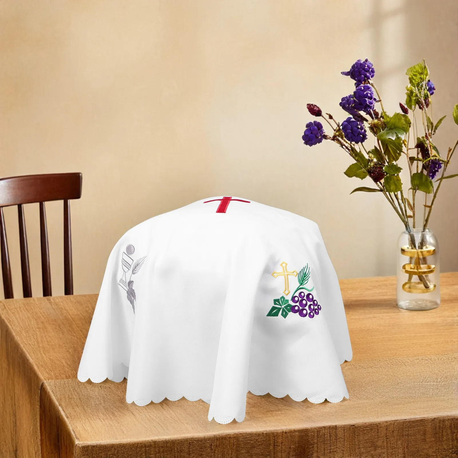 Round Embroidered Communion Tablecloth Thick Polyester Dustproof Anti-Wrinkle Holy Ceremony Cover Church Altar Baptism