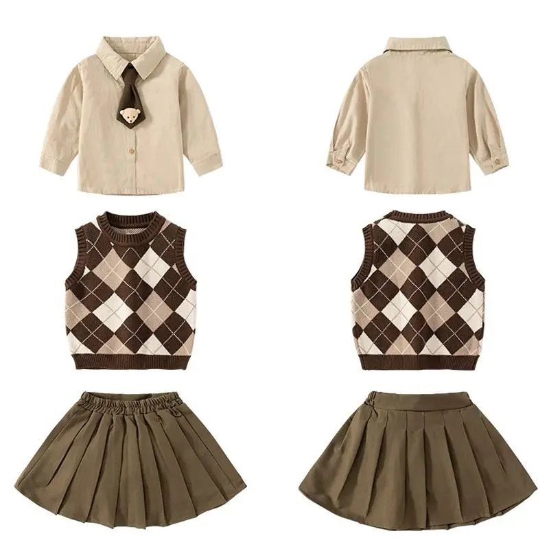 Baby Girls Preppy School-Themed 3-Piece JK Set College Style Outfit with Short Skirt Shirt Sweater Spring/Autumn Child Suit 1-6
