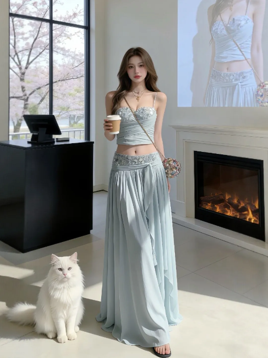 

Gentle Wind Unique Super Beautiful Halter Top Skirt Two-Piece Set Summer Complete OOTD Matching Comfortable Fashion Women's E...