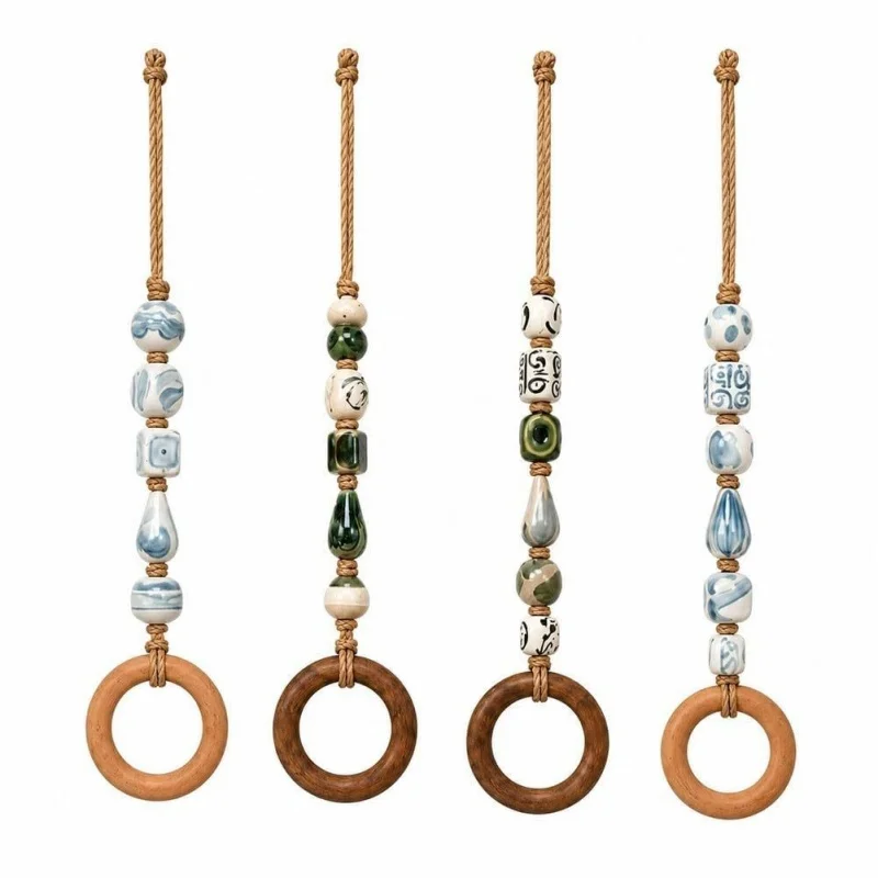 Decorative Beaded Towel Hanger with Wooden Ring Kitchen Dish Towel Holder with Ceramic Bead Accents for Bathroom Kitchen Use