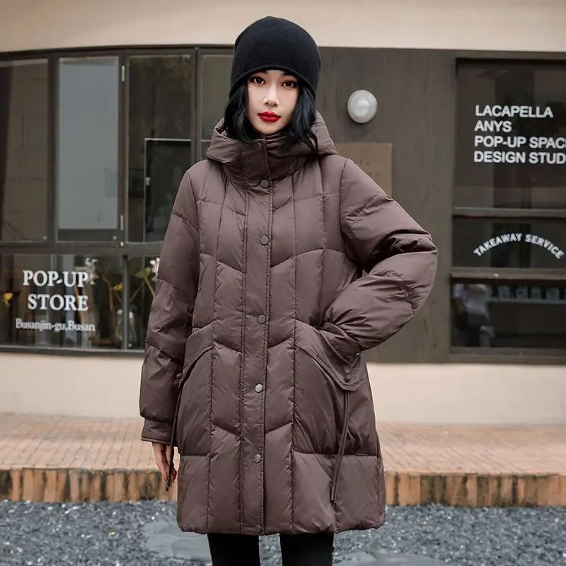 Piumino invernale da donna nuovo, ampio, antivento, con cappuccio, piumino d'anatra oversize
