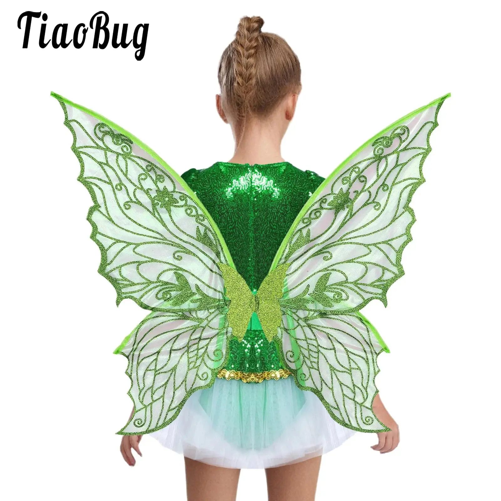 

Kids Girls Flower Fairy Outfit Carnival Party Dress Up Set 2 Pieces Sequins Short Sleeve Zipper Puffy Dress with Gradient Wings