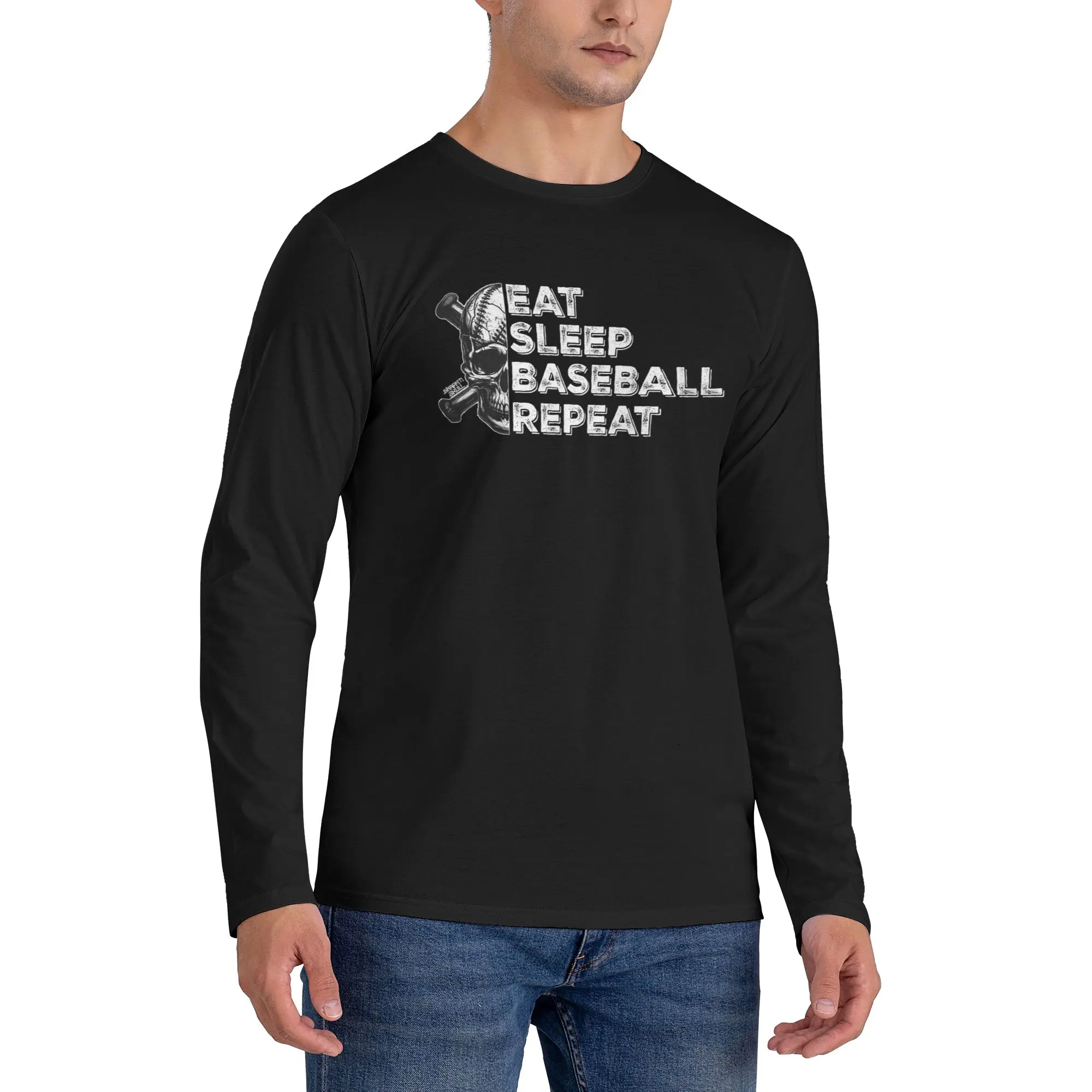 

Eat Sleep Baseball Repeat Men's Long Sleeved T-shirt Breathable Round Neck T shirts Spring and Autumn Men tops