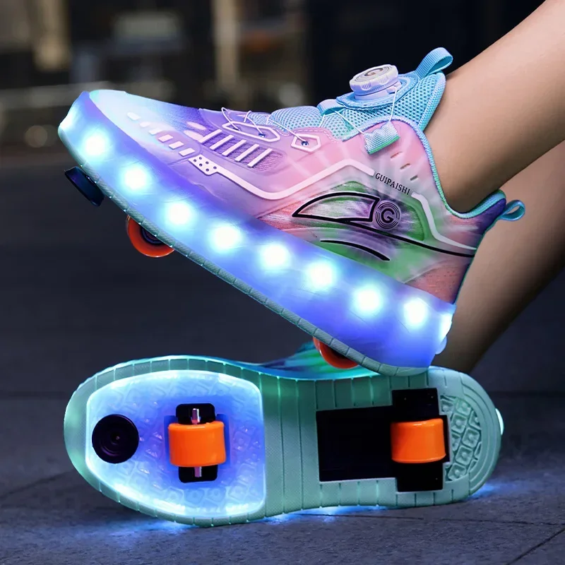 

NEW Women 2-Wheel Roller Skates Girl's Sneakers with Wheels Retractable Dual-purpose Kids Speed Skating Sports Shoes with Brake