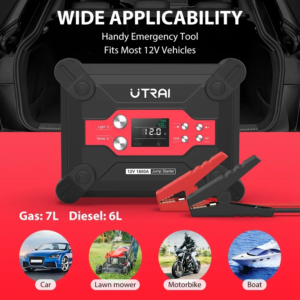 Utrai 1800 A Car Jump Starter with Air Pump Inflator Multifunctional Emergency Vehicle Starting Supp Caple of Lighting