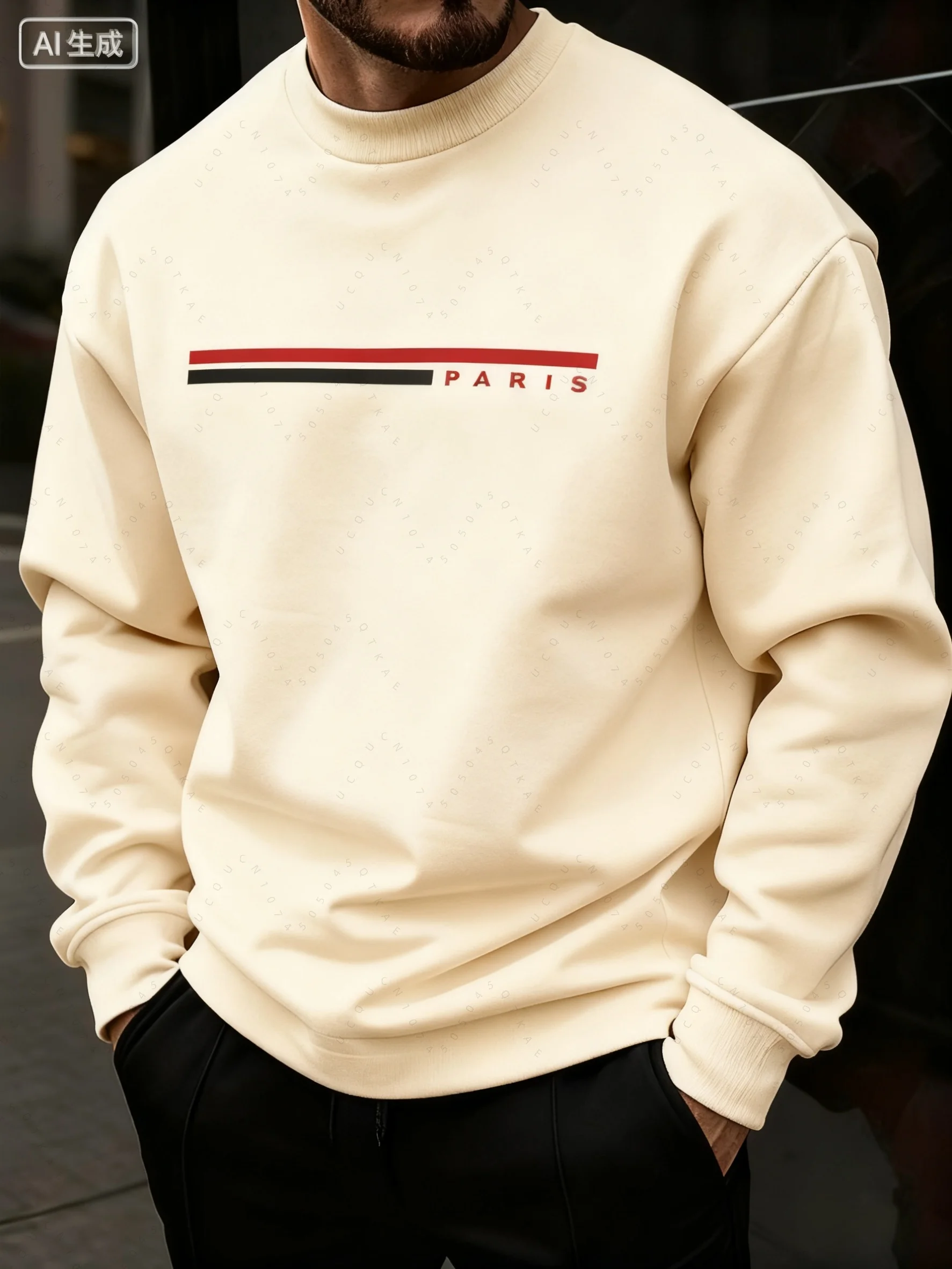 

26. Мужской осенне-зимний толстый бархатный теплый и модный повседневный свободный пуловер с длинными рукавами и круглым вырезом с принтом Paris Letter