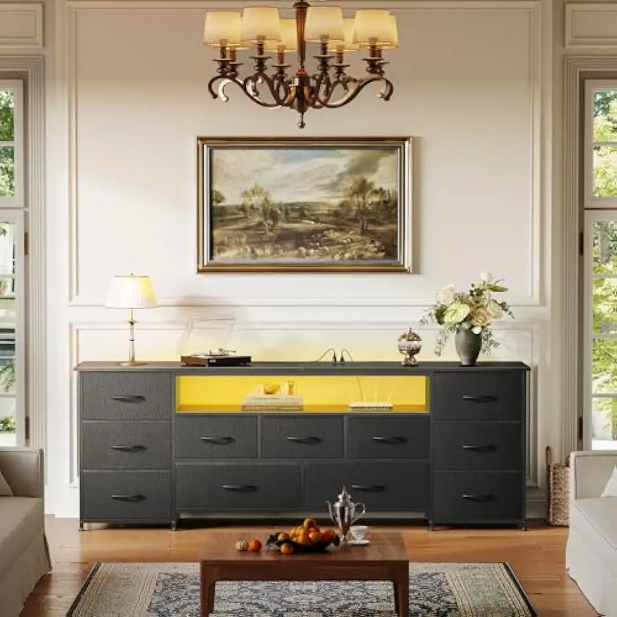 63 Inch Wide TV Console with 11 Storage Drawers, Built-in Power Hub Featuring 4 AC Outlets, 2 USB + 1 Type-C Ports, Adjustable L