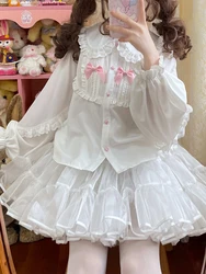 KIMOKOKM Sweet Girly Single-breasted Lolita Shirt Peter Pan Collar  Ruffled Lace Kawaii Bow Flare Sleeve Cute Sweetheart Blouses