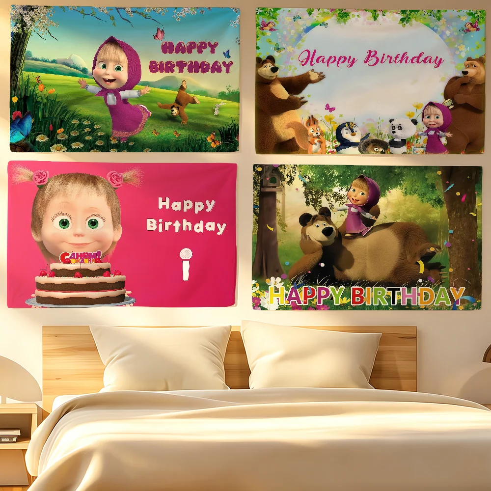 Cartoon M-Masha And The Bear Flag For Sports Matches  Games Parade Rally Holiday Festival Backyard Balcony Club Bar Decor