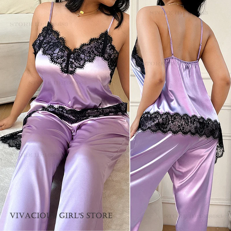 Large Size 5XL Female 2PCS Pajamas Set Loungewear Sexy Lace Lingerie Suspender Trouser Pijamas Suit Loose Satin Homewear Pyjama