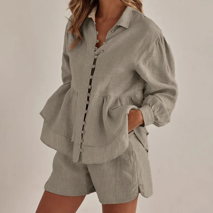 

Casual Long Sve irt And orts Set Turn-down Collar Open Cardigan Sle Women's Faion Summer Outfit Two-piece Set