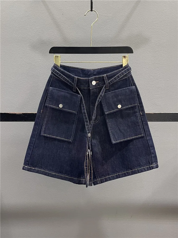

Loose Wide Leg Jeans Mid-Length Casual Women's Blue Denim Pants with Detachable Pockets Summer Design Casual High Waist