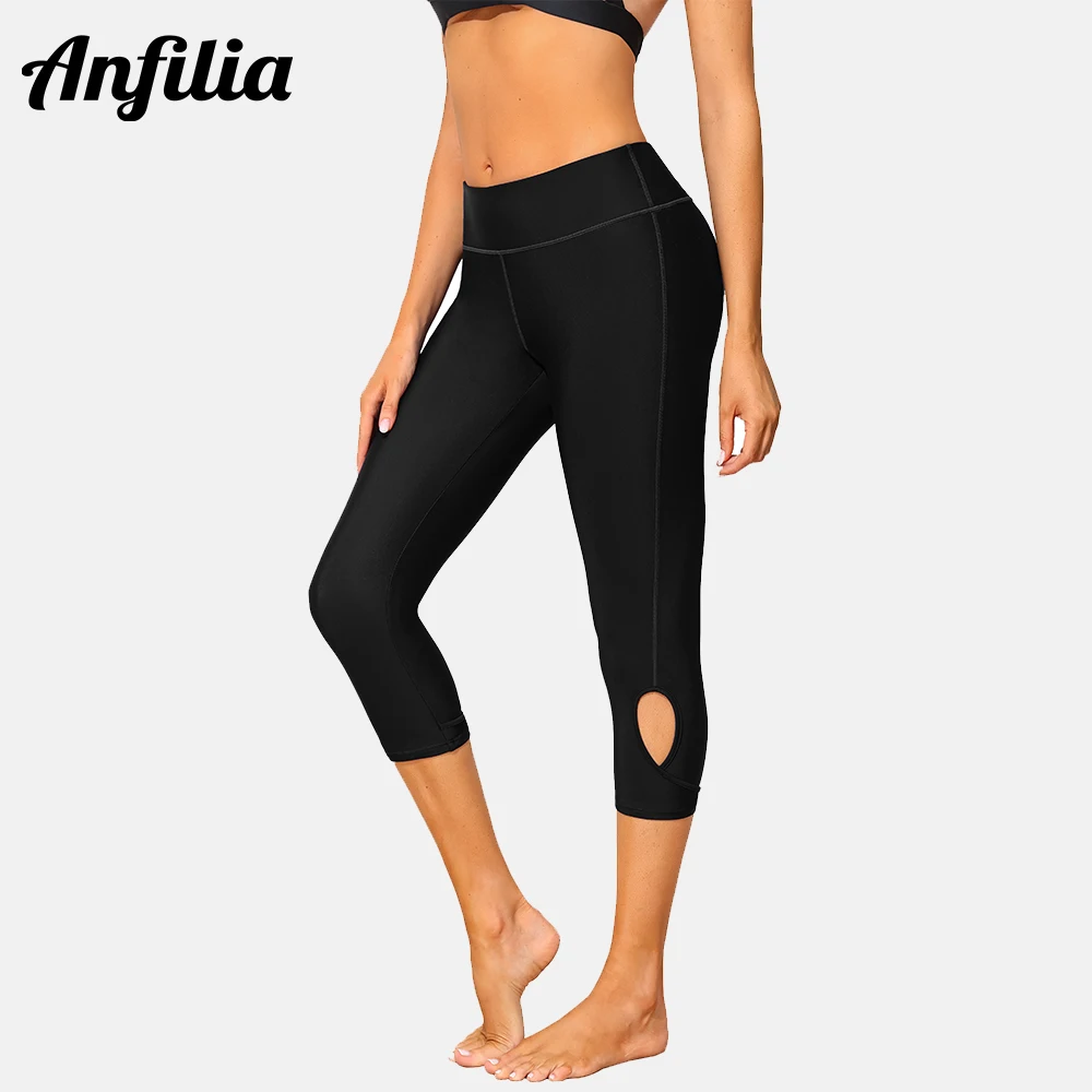 

Anfilia Women Swimming Trunks Cutout Solid Swim Capris Leggings Built in Briefs UPF 50+ High Waist Skin Friendly Tankini Bottom
