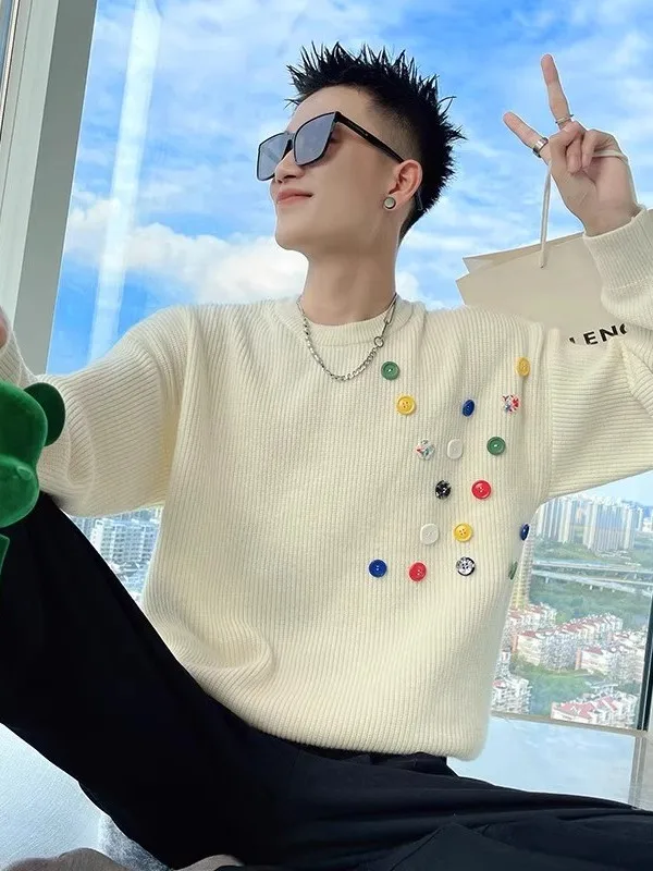 

Trendy Loose round Ne Knitwear for Men with Button Decoration Autumn Winter New Sle Faionable Casual Warm Sweater