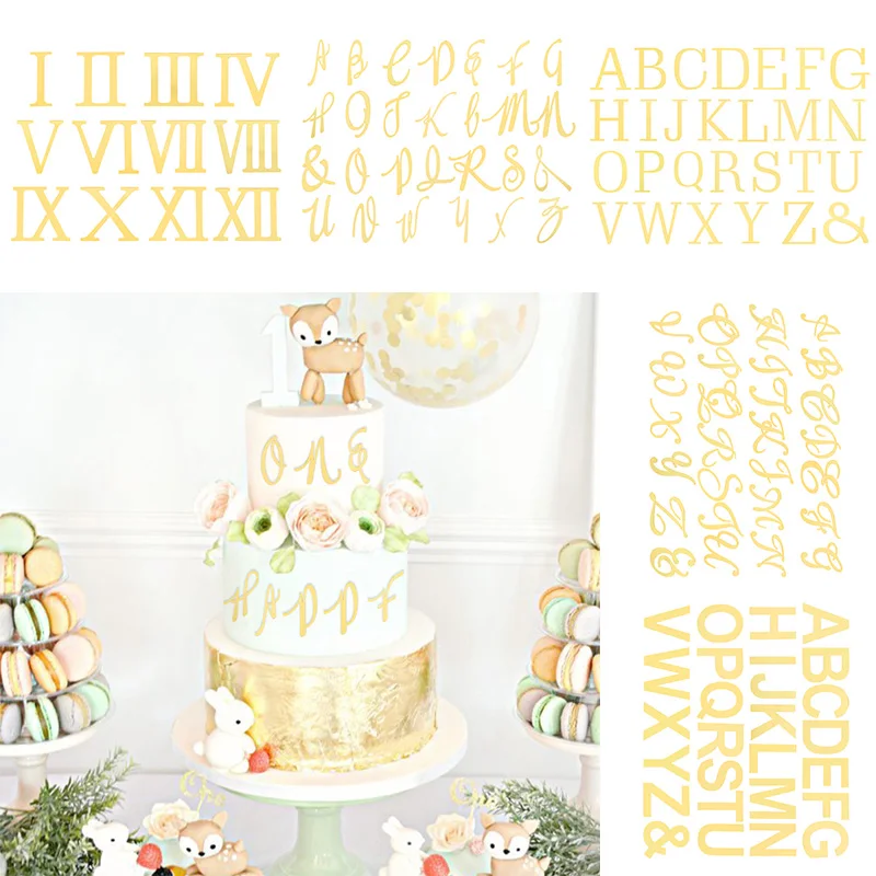 1set Gold Mirror Roman Numerals English Alphabet Cake Decoration Wedding Baby Shower Birthday Party Cake Topper Edge Decoration