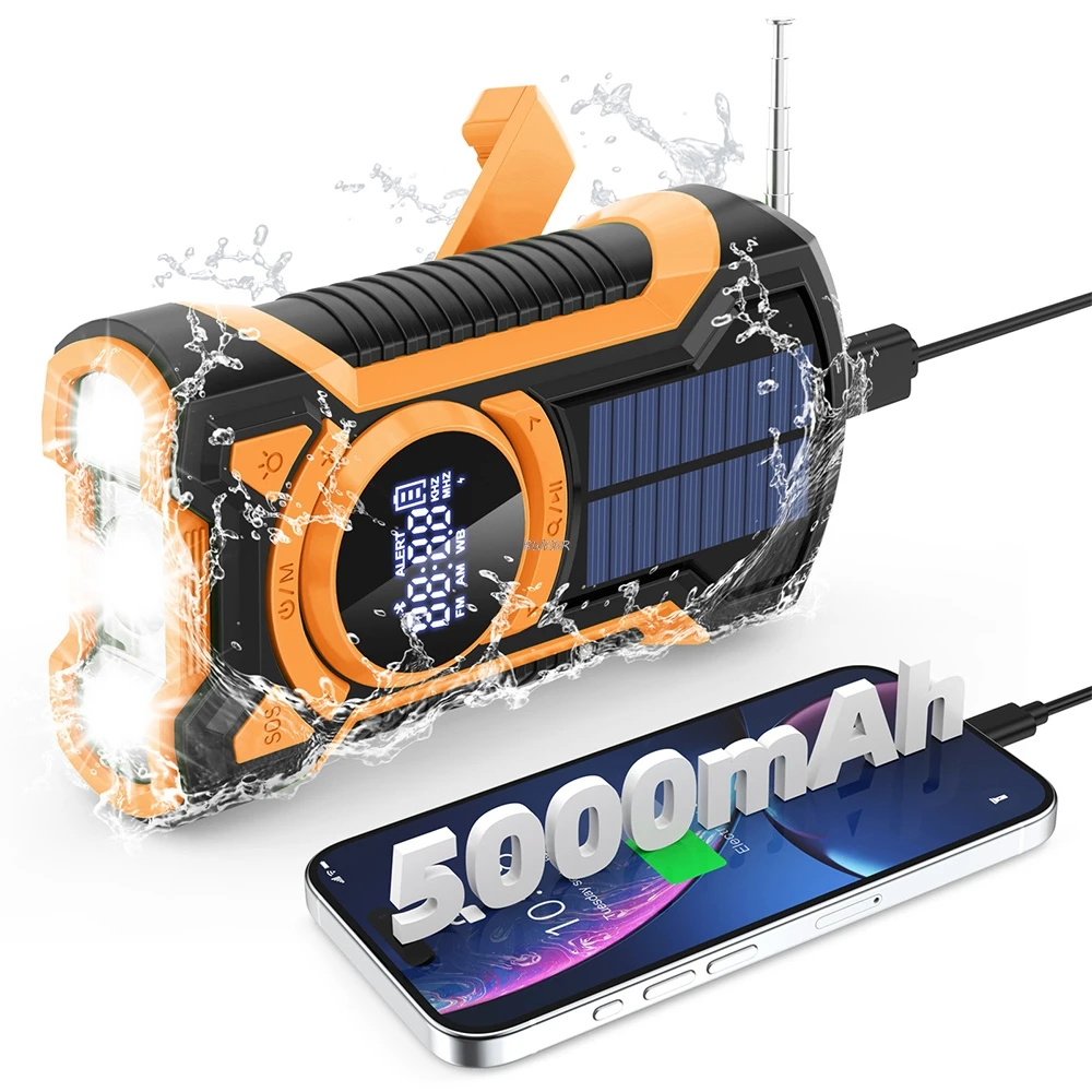 

5000mAh Emergency Radio Hand Crank Solar FM AM WB NOAA Weather Radio with LED Flashlight BT 5.3 Speaker Power Bank Phone Charger