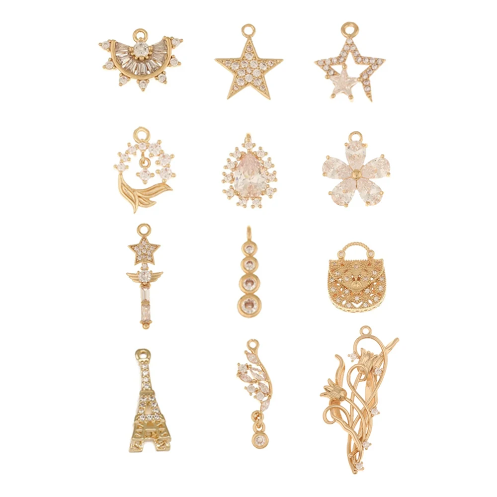 

Сердечный дизайн 50 шт. ювелирные аксессуары/медные подвески для ожерелья/сумка-капля со звездой и башней в форме цветка/ручная работа/кулон с цирконием «сделай сам»