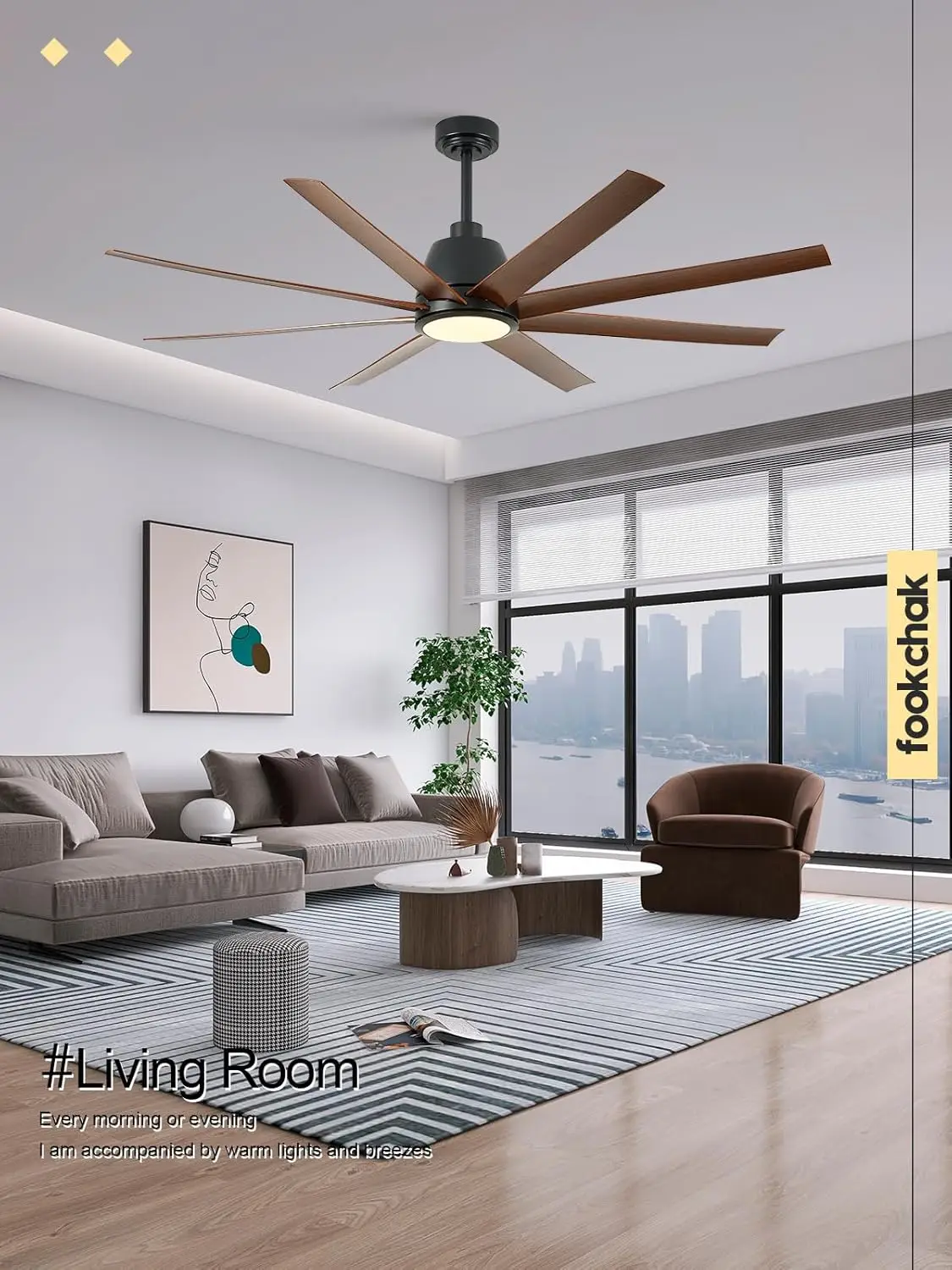 65In Black Large Ceiling Fan With Light 8 Blade Walnut Wood Outdoor Ceiling Fan Light For Patio Remote Control Ceiling Fan Led