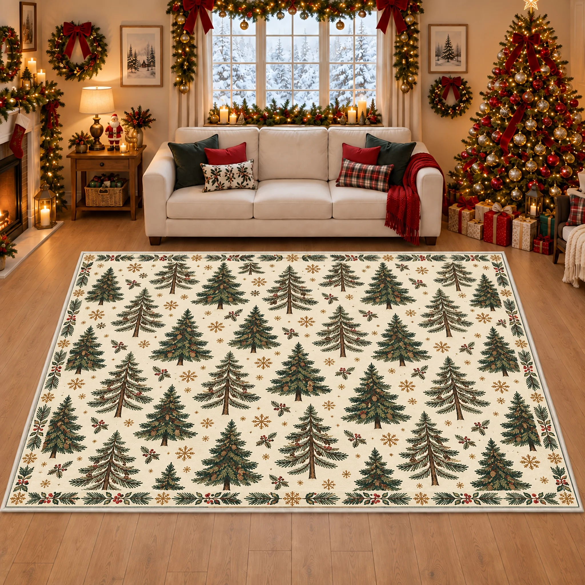 1pc Christmas Tree Snowflake Area Rug, 2D Flat Print, Indoor Floor Mat for Living Room, Xmas Home Decor
