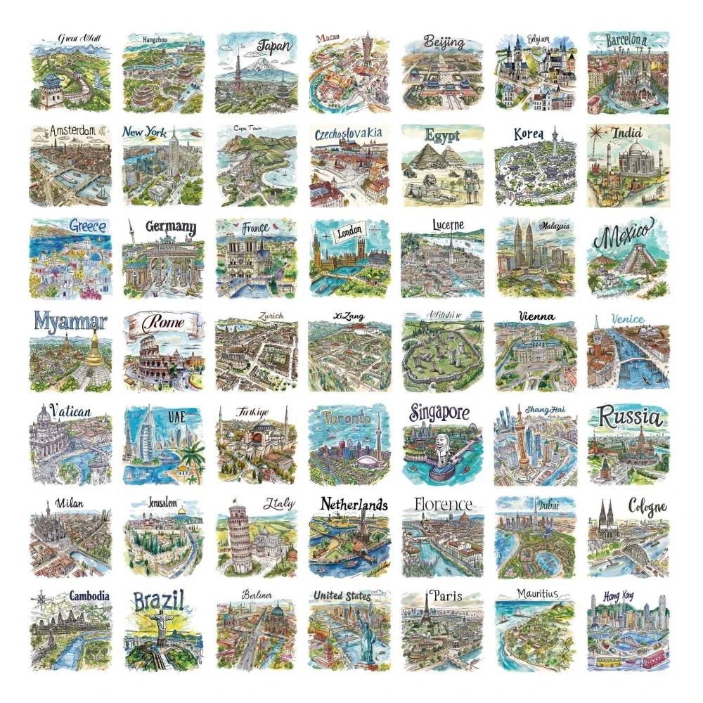 

50Pcs World Travel Map Sticker Graffiti Hand-Drawn World Country Decals Waterproof Vinyl Sticker for Laptop Scrapbooking Journal