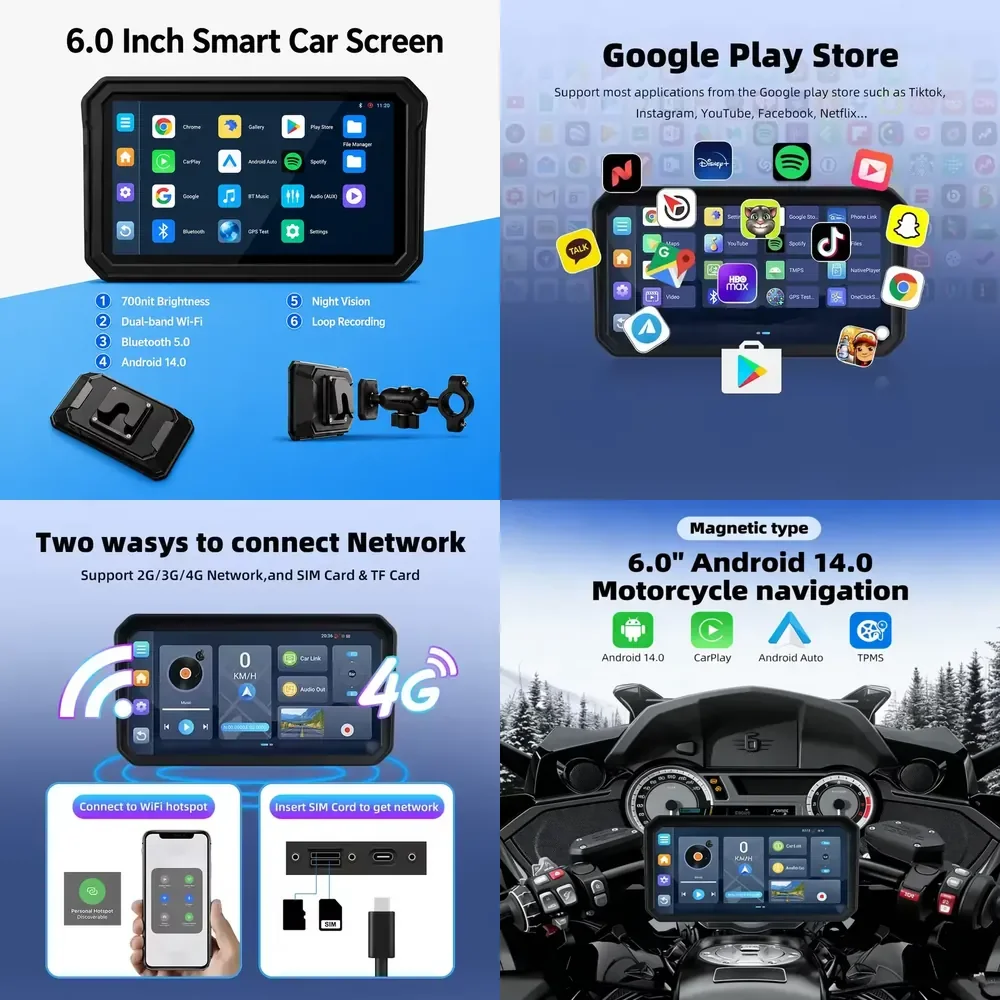 【2026 New Arrival】 6'' IPS Waterproof Screen Android 14 Motorcycle Navigation with Dual Dashcam, TPMS Wireless CarPlay