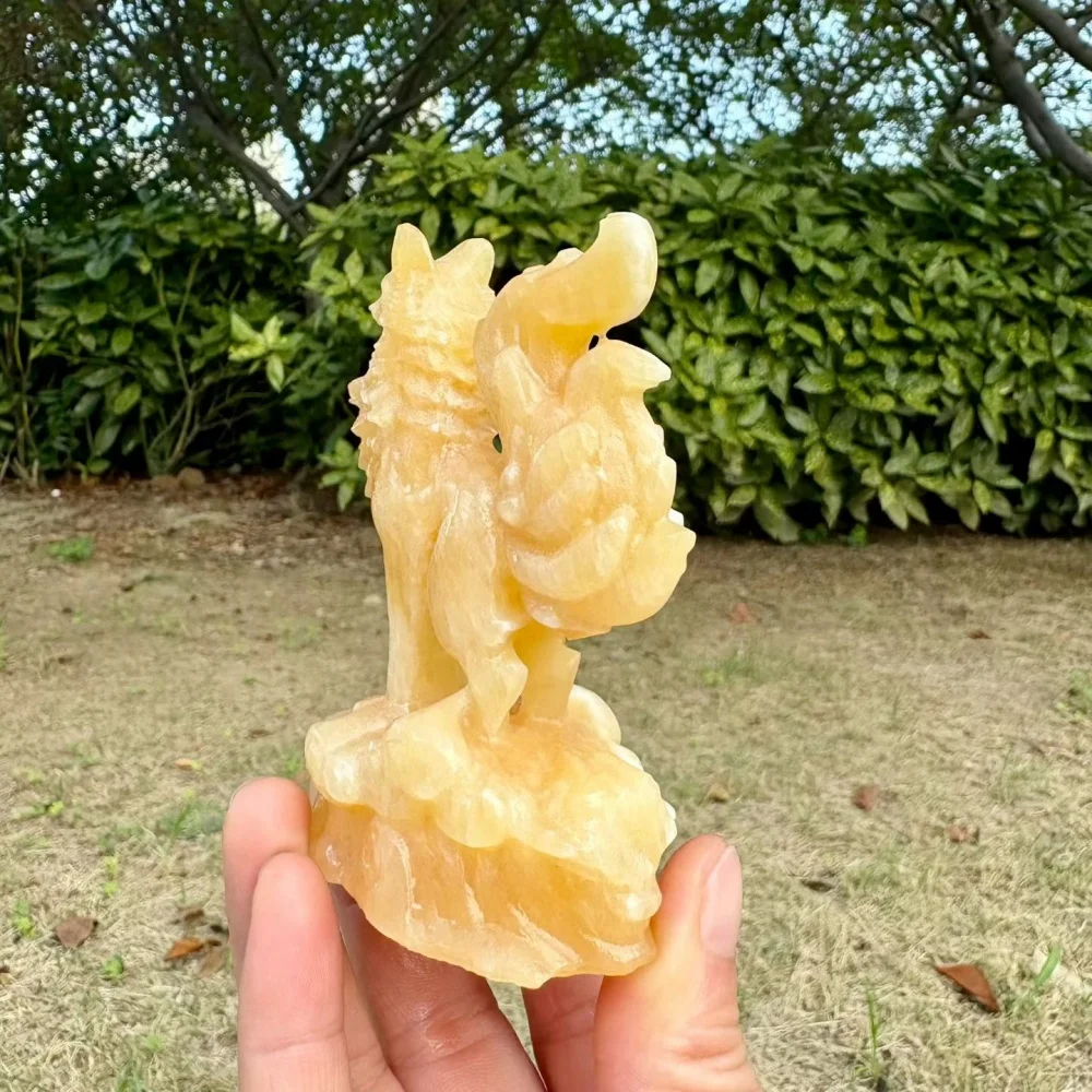 9cm Natural Quartz Yellow Calcite Nine-Tailed Fox Statue Crystal Animal Figurine Healing Stone Home Desktop Decor Lucky Gift