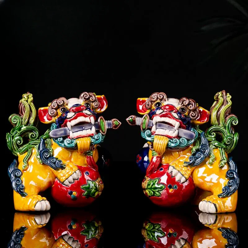 

Ceramic Guardian Lions Pair Mythical Multicolored Pixiu Fortune Bringing Cloud Mountain Kirin Purely Handcrafted Pottery