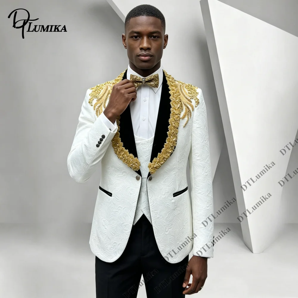 White Embossed Tuxedo 3 Piece Suit Gold Feather Embroidery Shawl Lapel Blazer Matching Waistcoat Black Trousers Set For Wedding