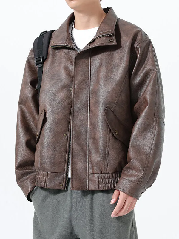 

Men's Leather Jacket Zipper Style Youthful Vitality Windproof Biker Vintage Coat Casual Loose Fit Pure Color Autumn Wear