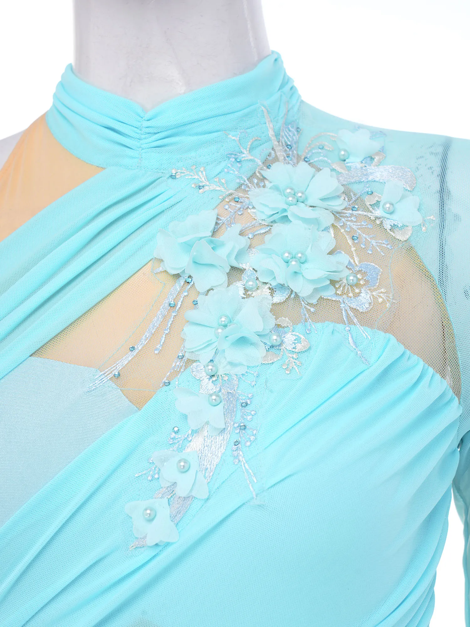 Womens Lyrical Contemporary Dance Dress Ballet Skating Gymnastics Dancewear 3D Applique Embroidery One Shoulder Mesh Leotard