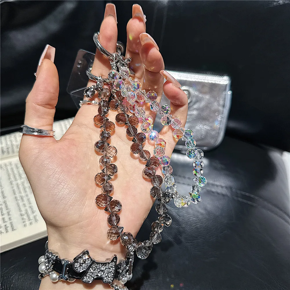 Luxury Colorful Laser Crystal Bead Phone Bracelet Strap Charm Chain Knot Cellphone Lanyard Keychain Bag Camera keychain Pend
